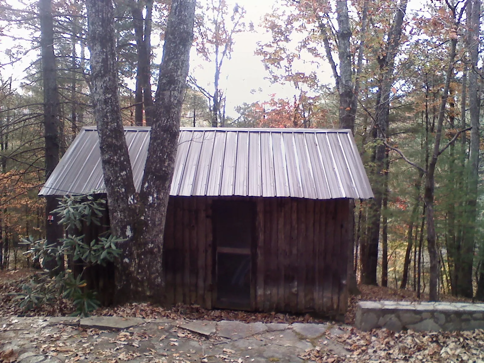 New metal gable roof on a small log shed among the trees in Glens Falls